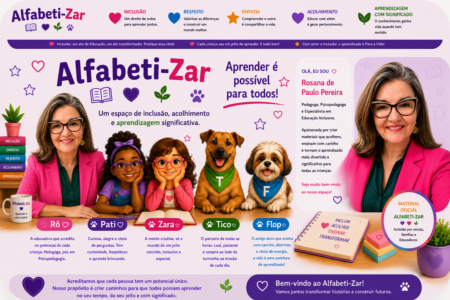 Banner oficial do Alfabeti-Zar — Aprender é possível para todos. Rosana de Paulo Pereira com os personagens Rô, Pati, Zara, Tico e Flop.