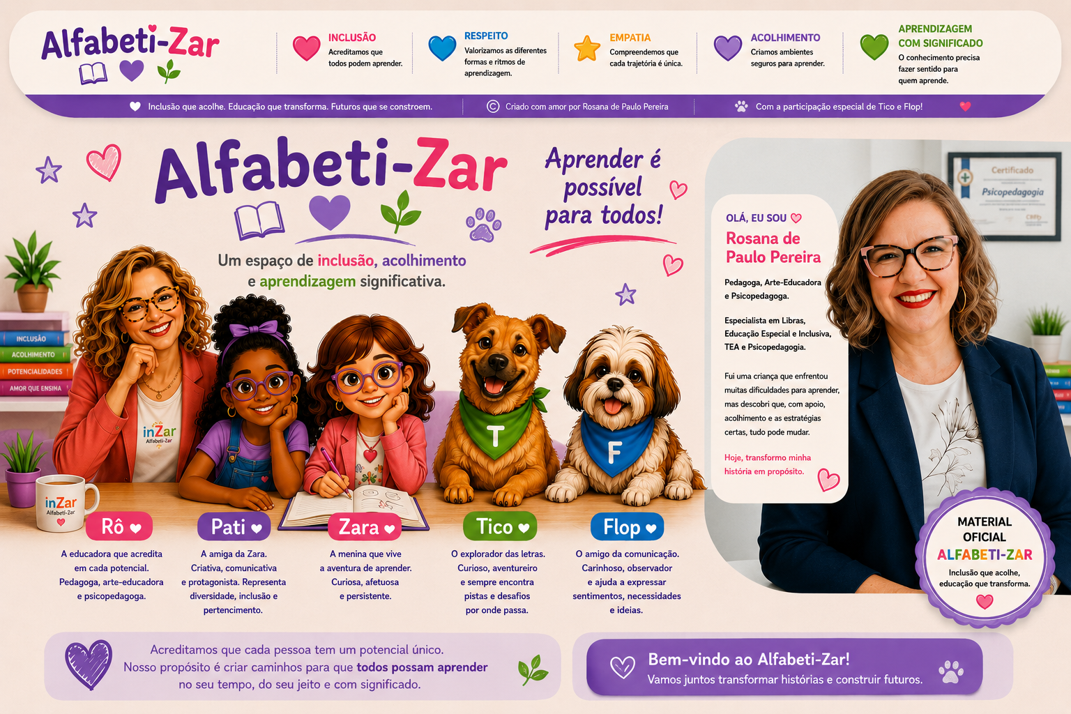 Alfabeti-Zar — Aprender é possível para todos. A turma Rô, Pati, Zara, Tico e Flop ao lado da criadora Rosana de Paulo Pereira.