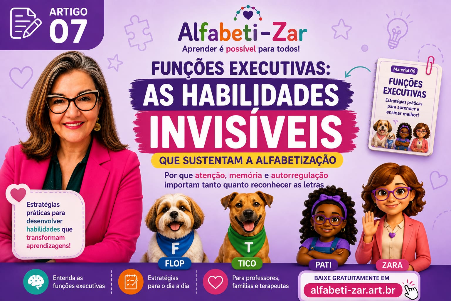 Capa do Artigo 07 do Alfabeti-Zar — Rosana de Paulo Pereira ao lado da frase 'Funções Executivas: as habilidades invisíveis que sustentam a alfabetização', com os personagens Flop, Tico, Pati e Zara e o Material 06.